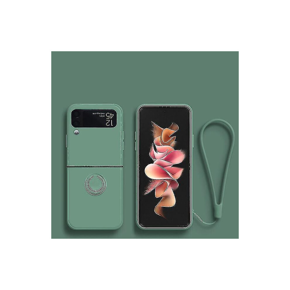(Green) Ring Holder Silicone Case Compatible Samsung Galaxy Z Flip 4 5G With Bracelet Lanyard Shockproof Cover Green