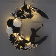 (Black) [Pre-lit Black Cat Wreath Decoration] Boho Black Cat Wreath with Artificial Roses, Holiday Door Decor