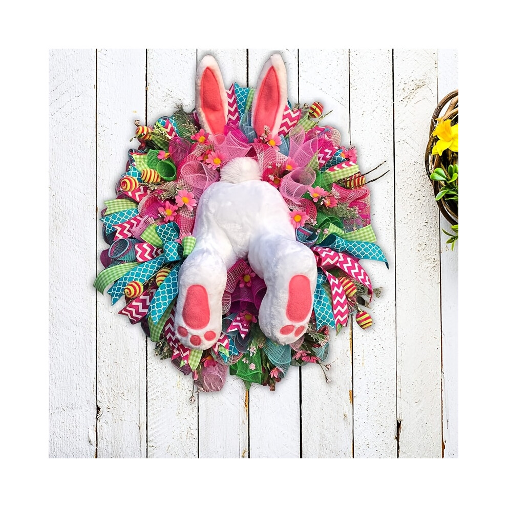 (Pink White) Electric Easter Bunny Wreath with Thief Ears - Classic Spring Door Decor, No Power Needed, Perfect for Home & Party