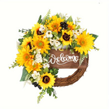 (40cm/16inch) 1pc, Sunflower Wreath With Welcome Sign,Spring Summer Door Wreath, 16 Inch Spring Summer Wreaths For Front Door, Floral Wreath Suitable