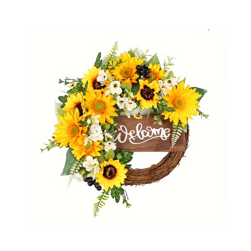 (40cm/16inch) 1pc, Sunflower Wreath With Welcome Sign,Spring Summer Door Wreath, 16 Inch Spring Summer Wreaths For Front Door, Floral Wreath Suitable