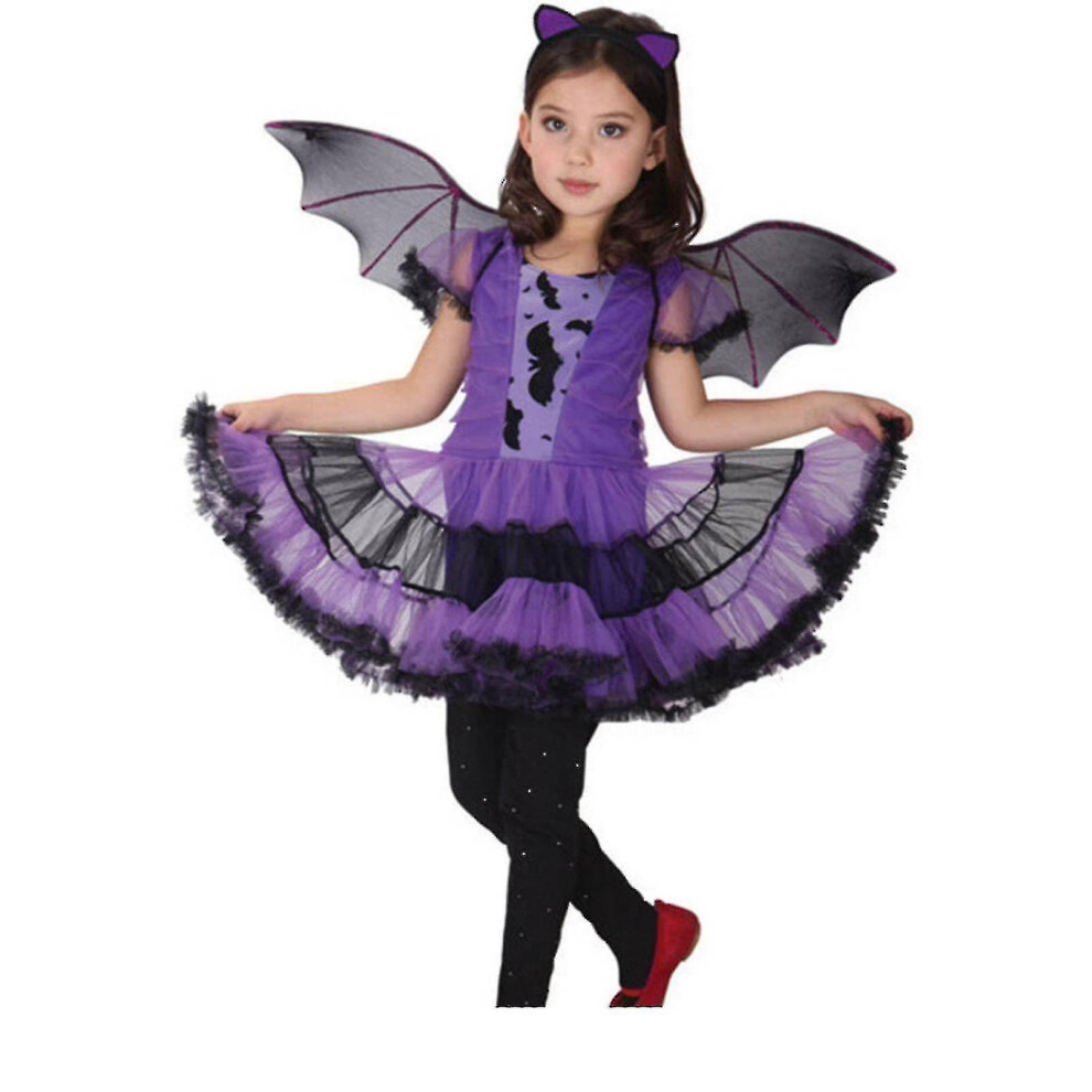 (120) Kids Girl Halloween Net Yarn Dress Bat Wing Headwear The Witch Three-piece Set