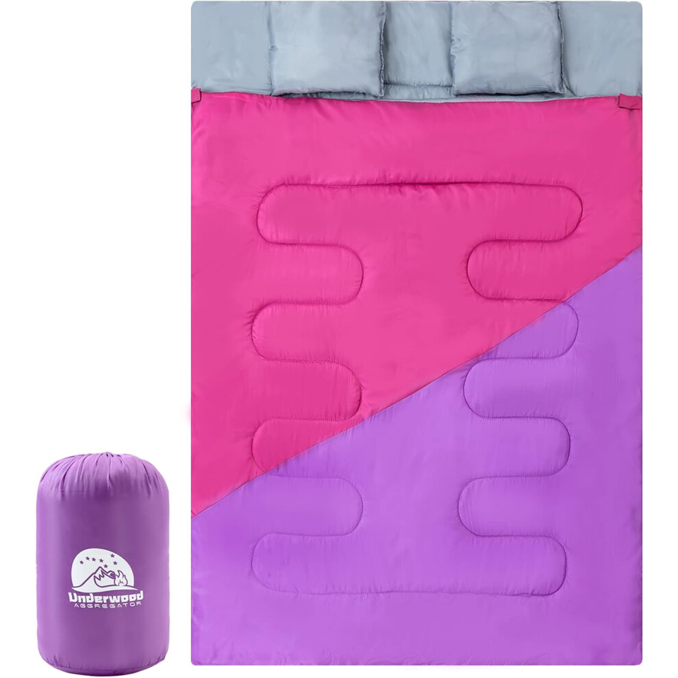(Purple) Double sleeping bag for adults and kids Lightweight sleeping bag with 2 pillows 2 person large camping sleeping bag waterproof