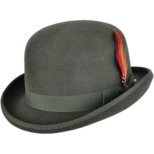 (Olive, XL) Unisex Hard Top Wool Bowler Hat With Feather Satin Lined Sizes S To Xl