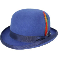 (Royal Blue, M) Unisex Hard Top Wool Bowler Hat With Feather Satin Lined Sizes S To Xl