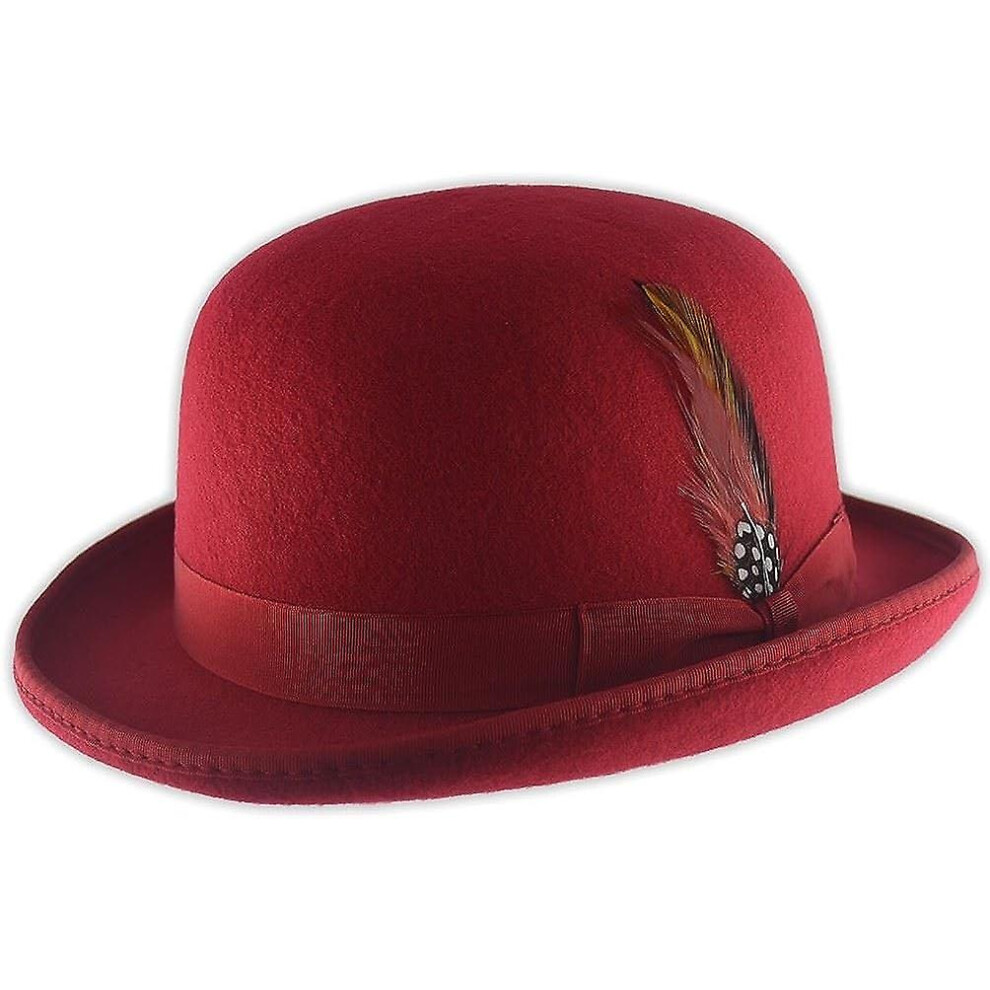 (Wine S) Unisex Hard Top Wool Bowler Hat With Feather Satin Lined Sizes S To Xl Red