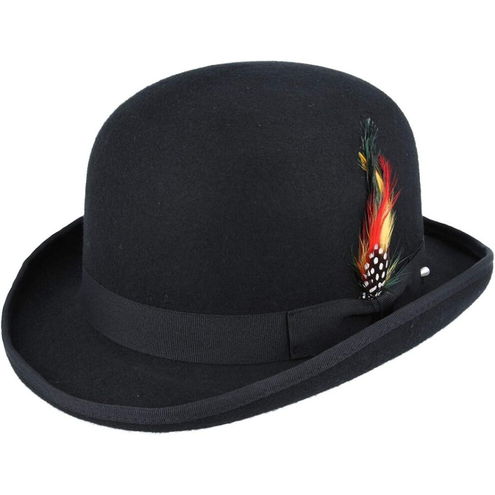 (, S) Unisex Hard Top Wool Bowler Hat With Feather Satin Lined Sizes S To Xl Black