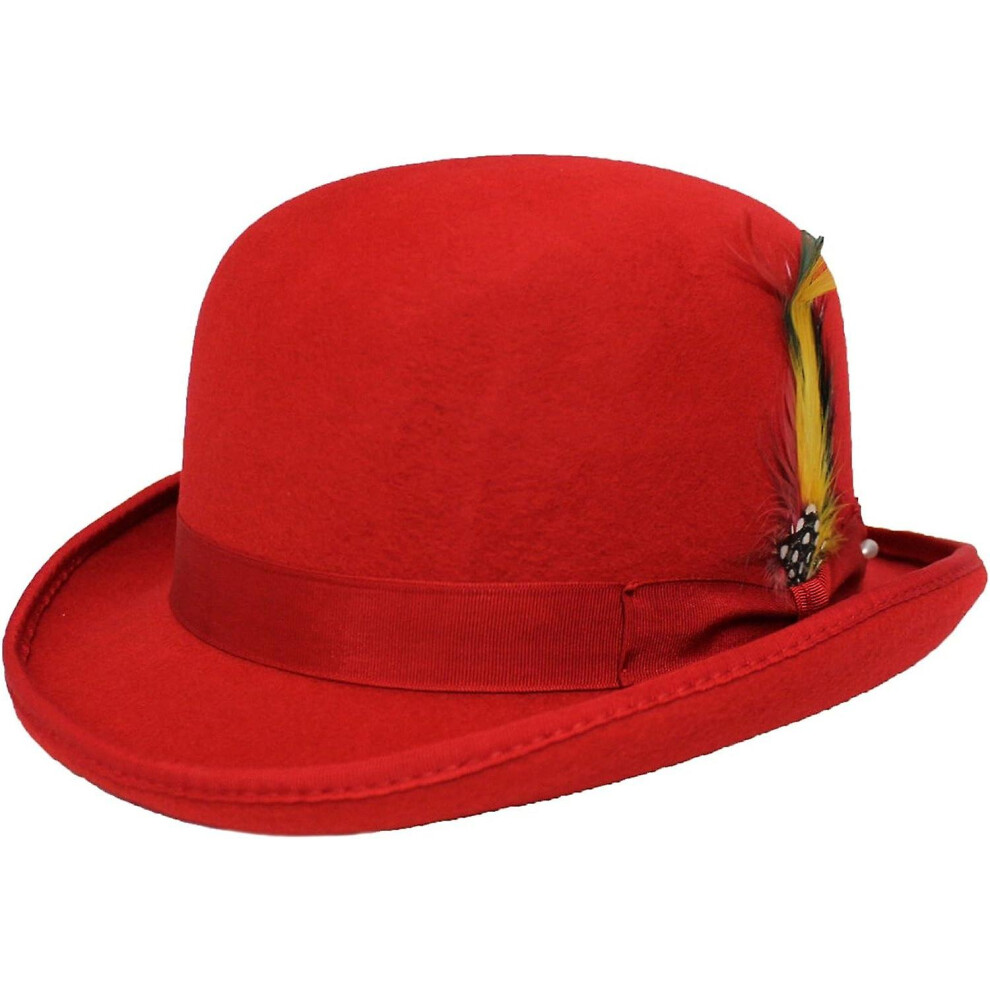 (, Xl) Unisex Hard Top Wool Bowler Hat With Feather Satin Lined Sizes S To Xl Red