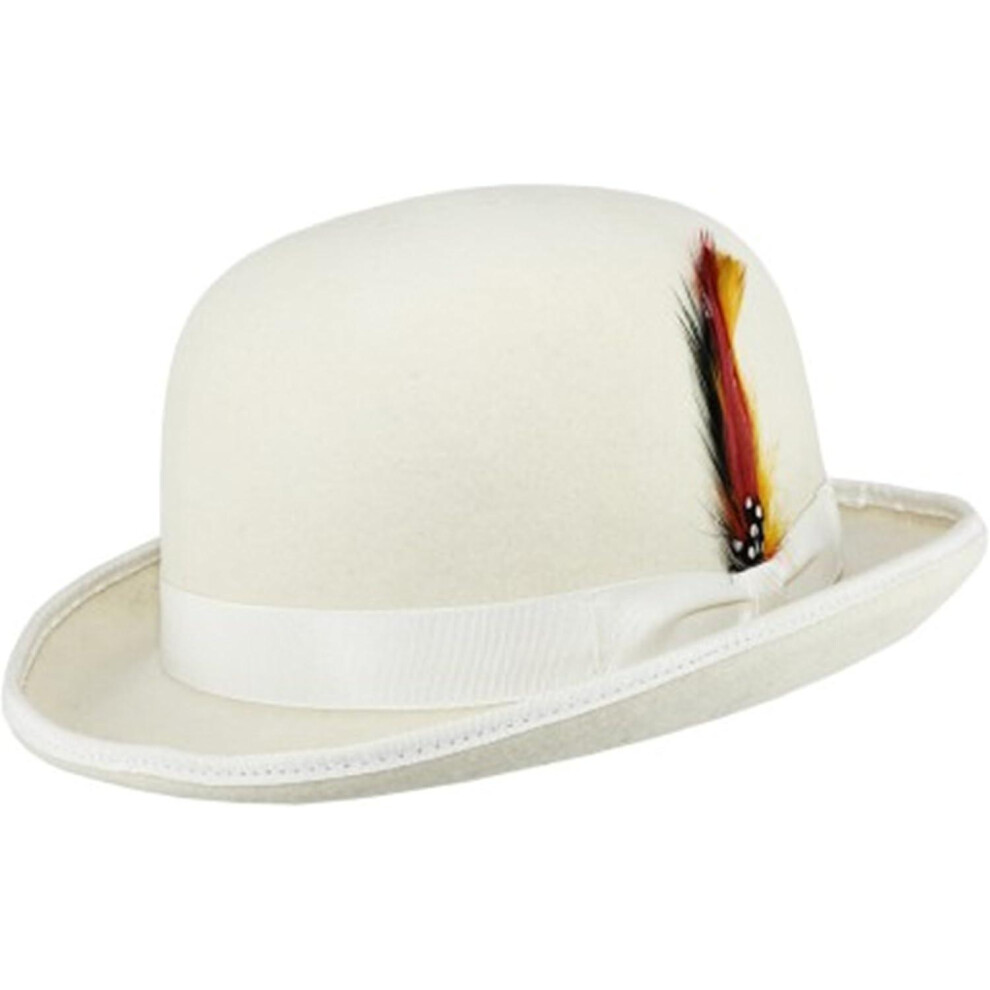 (, S) Unisex Hard Top Wool Bowler Hat With Feather Satin Lined Sizes S To Xl White