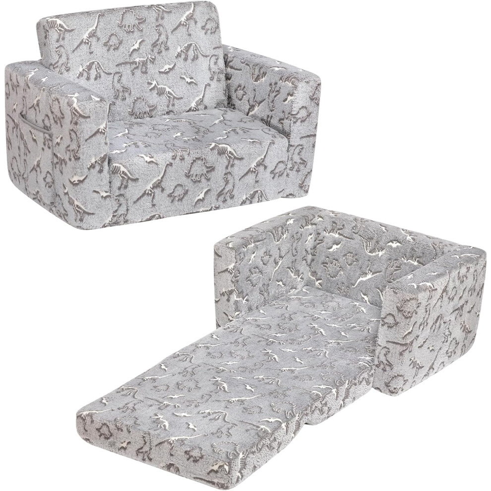(Glowing Grey With Dinos) Sofa Bed 2 in 1 Flip Up Plush Flannel Sofa Convertible Sofa to Lounger Sofa Bed