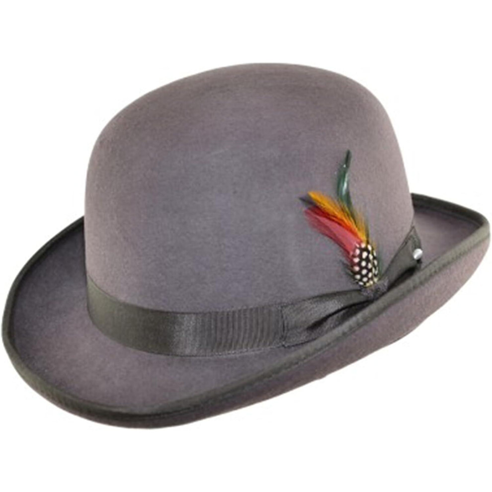 (, S) Unisex Hard Top Wool Bowler Hat With Feather Satin Lined Sizes S To Xl Grey
