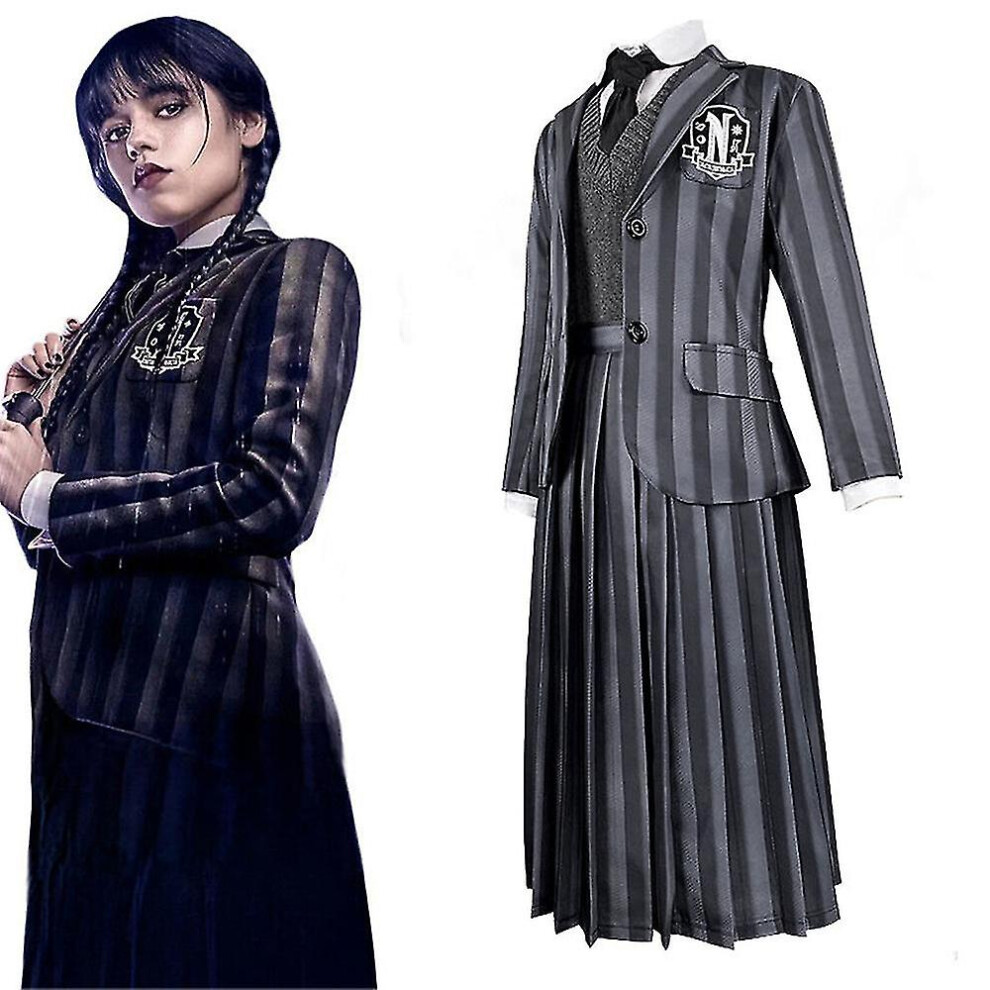 (Outfits(with Wig), 3XL) Women Wednesday Addams Dress Cosplay Costume Nevermore School Uniform Dress Shirt Coat Tie Wigs Outfit