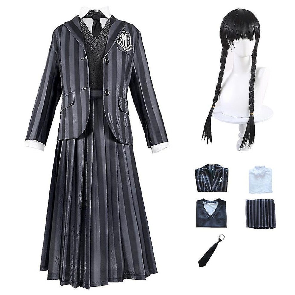 (Only wigs, 3XL) Women Wednesday Addams Dress Cosplay Costume Nevermore School Uniform Dress Shirt Coat Tie Wigs Outfit