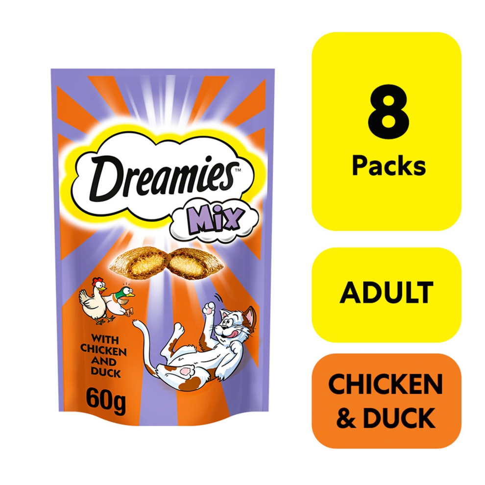 8 x 60g Dreamies Mix Adult Cat Treats Chicken & Duck Cat Biscuits (480g)-image-OPC-PG5MGK5-NEW