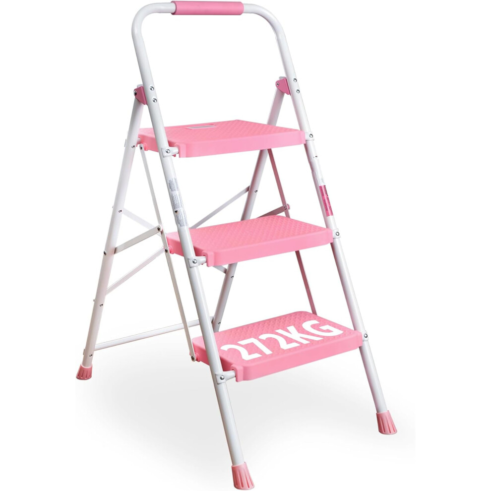 (3-Step, Pink) 3 Step Ladder, Capacity 272KG with Wide Anti-Slip Pedals, Folding Steel Step Stool, Sponge Handlebar, Lightweight Portable Ladder Suitable for Home