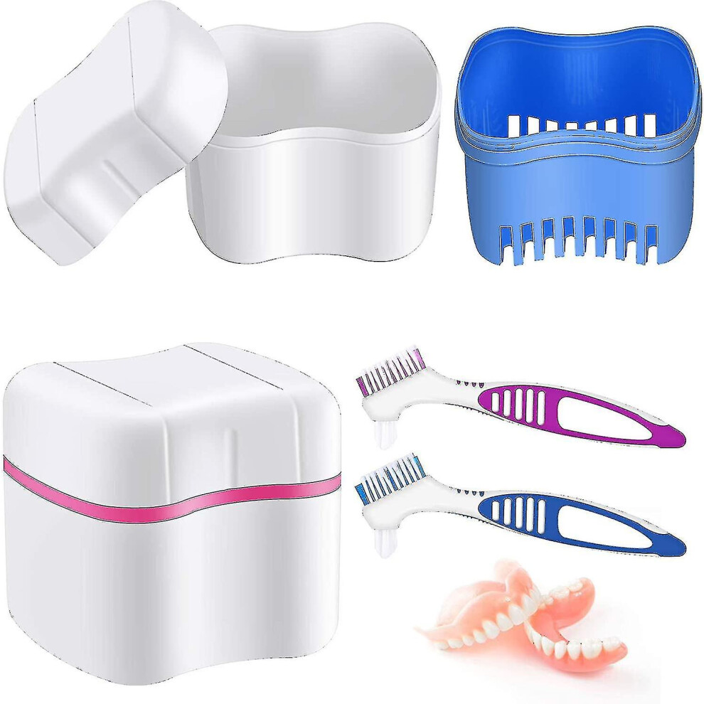 2 Denture Bath Cases Denture Cups with 2 Denture Cleaner Brushes Denture Boxes Dentures Container with Basket Denture Holder Brush Retainer Case for T