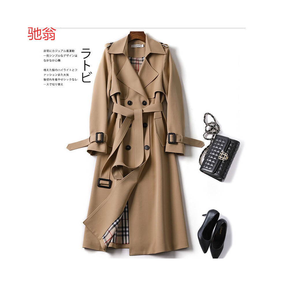 (Khaki, L 131-145 catties) Women's Double Breasted Long Trench Coat Windproof Classic Lapel Belted*Overcoat