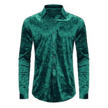(M,Green)Men's Long Sleeve Velvet Shirt Button Down Collar Neck Blouse Top