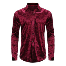 (L,Red)Men's Long Sleeve Velvet Shirt Button Down Collar Neck Blouse Top