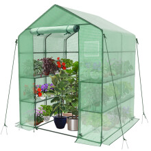 VOUNOT Walk In Greenhouse w/Shelves, Roll up Door Garden Plastic Polytunnel Green 143x143x195cm