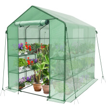 VOUNOT Walk In Greenhouse with Shelves, Roll up Door Garden Plastic Polytunnel Green 143x215x195cm