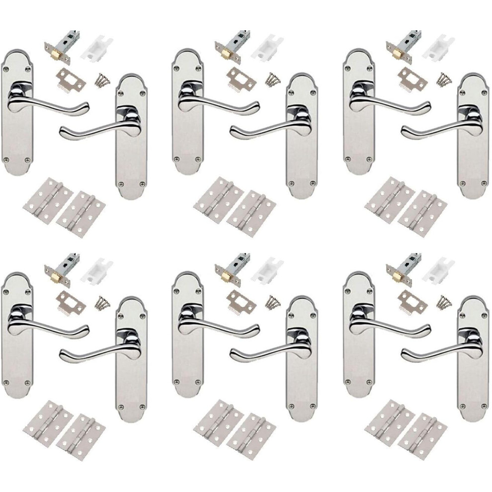 (6 SETS) 6 x Sets Epsom Design Victorian Shaped Backplate Scroll Style Design Scroll Door Handles with Hinges and Latches - Polished Chrome
