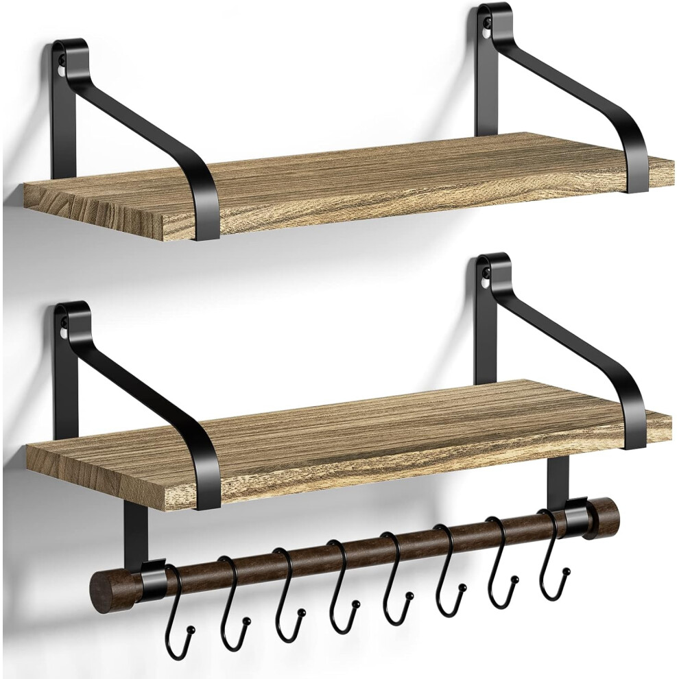(2-tier, Carbonized Black) 2 Tier Floating Wall Shelves Kitchen Vintage Wooden Organizer Rack with Wooden Rails and 8 Removable Hooks for Organizing Cooking Utensils