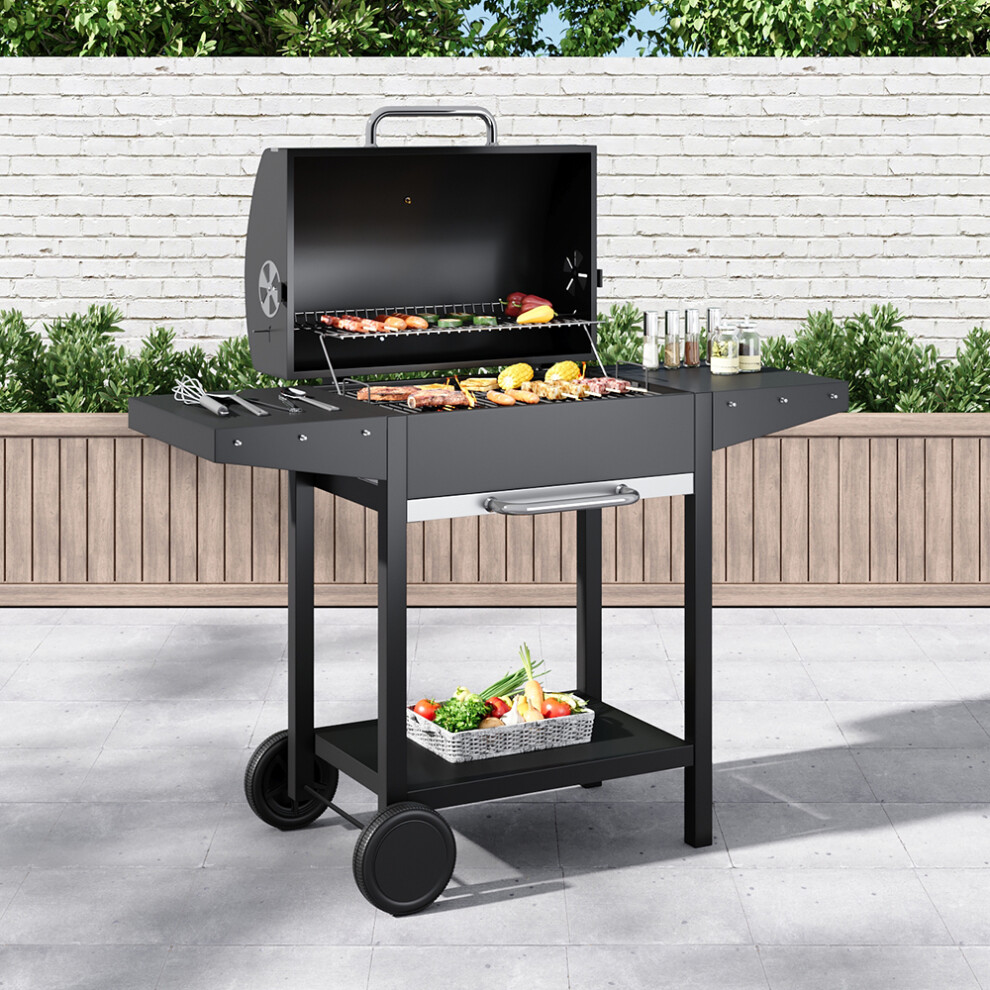 Black Outdoor Charcoal BBQ Grill with Lid Cover and Wheels Black