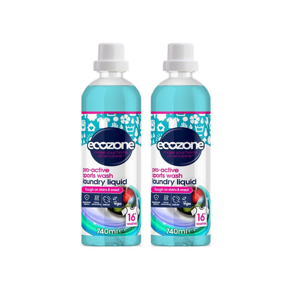Ecozone 2 X Pro-Active Sports Wash Laundry Liquid 16 Washes 740Ml
