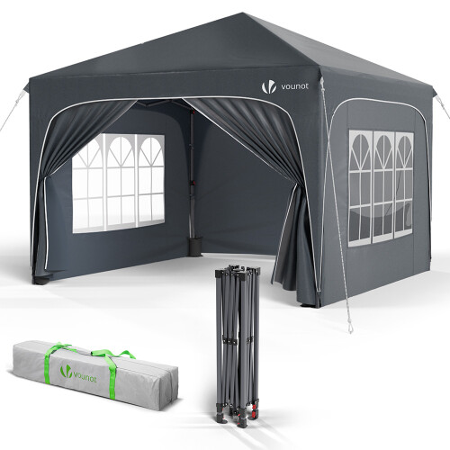 VOUNOT 3x3m Pop-Up Gazebo with 4 Detachable Sides, Waterproof & UV-Resistant, Grey