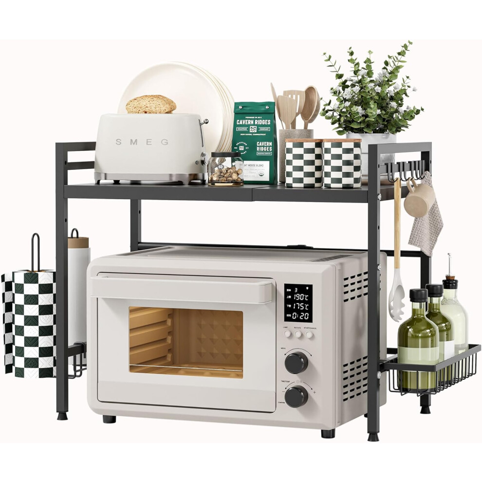 (2 Tier with Basket) Expandable Microwave Shelf,2-tier microwave oven rack with spice basket and kitchen roll holder,Microwave Oven Rack with 4 Hooks