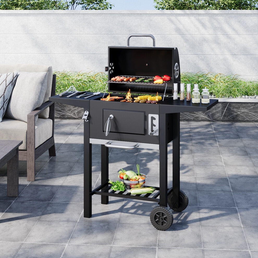 Garden Outdoor Charcoal BBQ Grill with Lid Cover Wheels and Side Tables