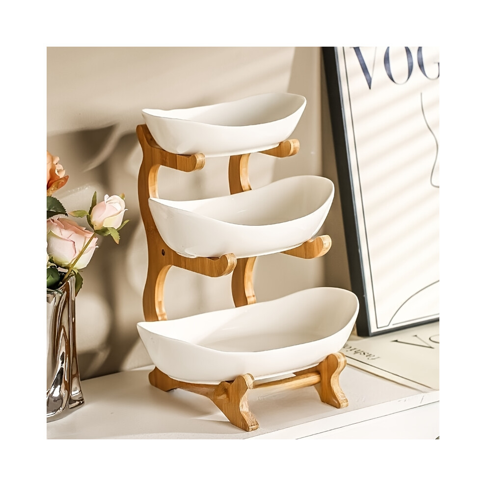 3 layer fruit bowl with bamboo wood rack for kitchen counter, basket for vegetable storage, snack dessert cake tray tray for party wedding - white