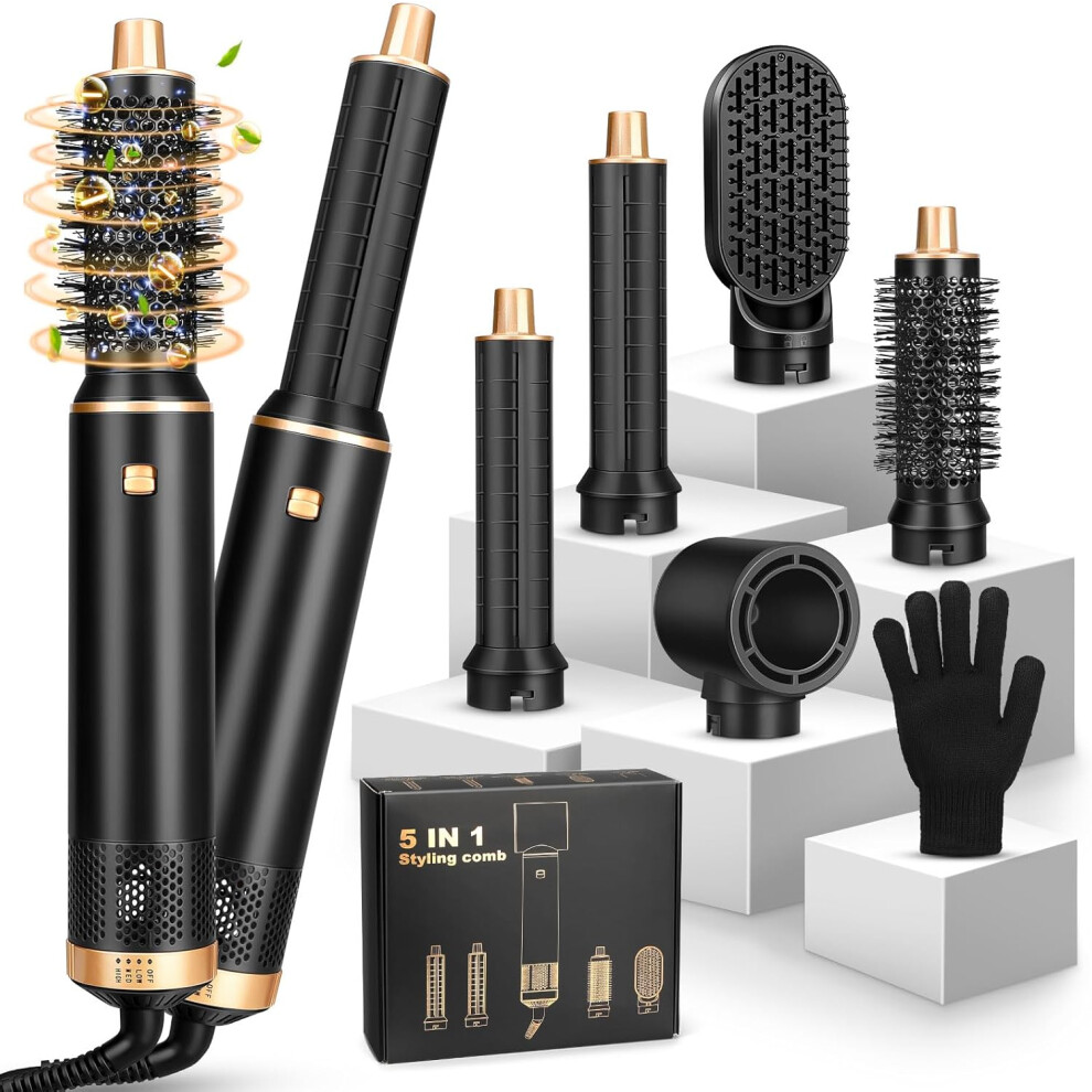 Black Hair Styler 5 In 1, Hot Air Stylers Hair Dryer Set-With Curlers, Straighten, Volumise And Hairdryer Brushes For Styling