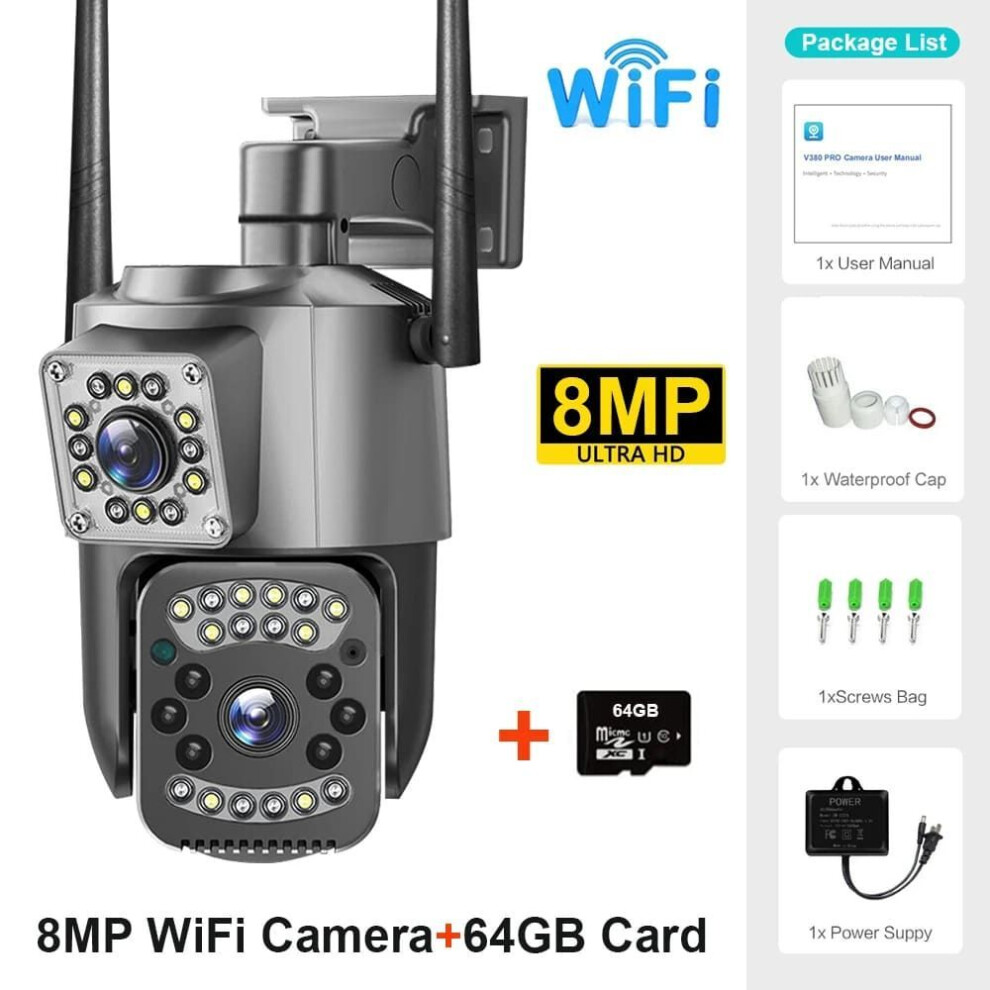 (8MP Cam 64G Card) New Dual Lens Wifi Ip Camera 4k 8mp Night Vision Ai Human Detect Ptz Outdoor Video Camara Wireless V380 Pro Cctv Security Protection