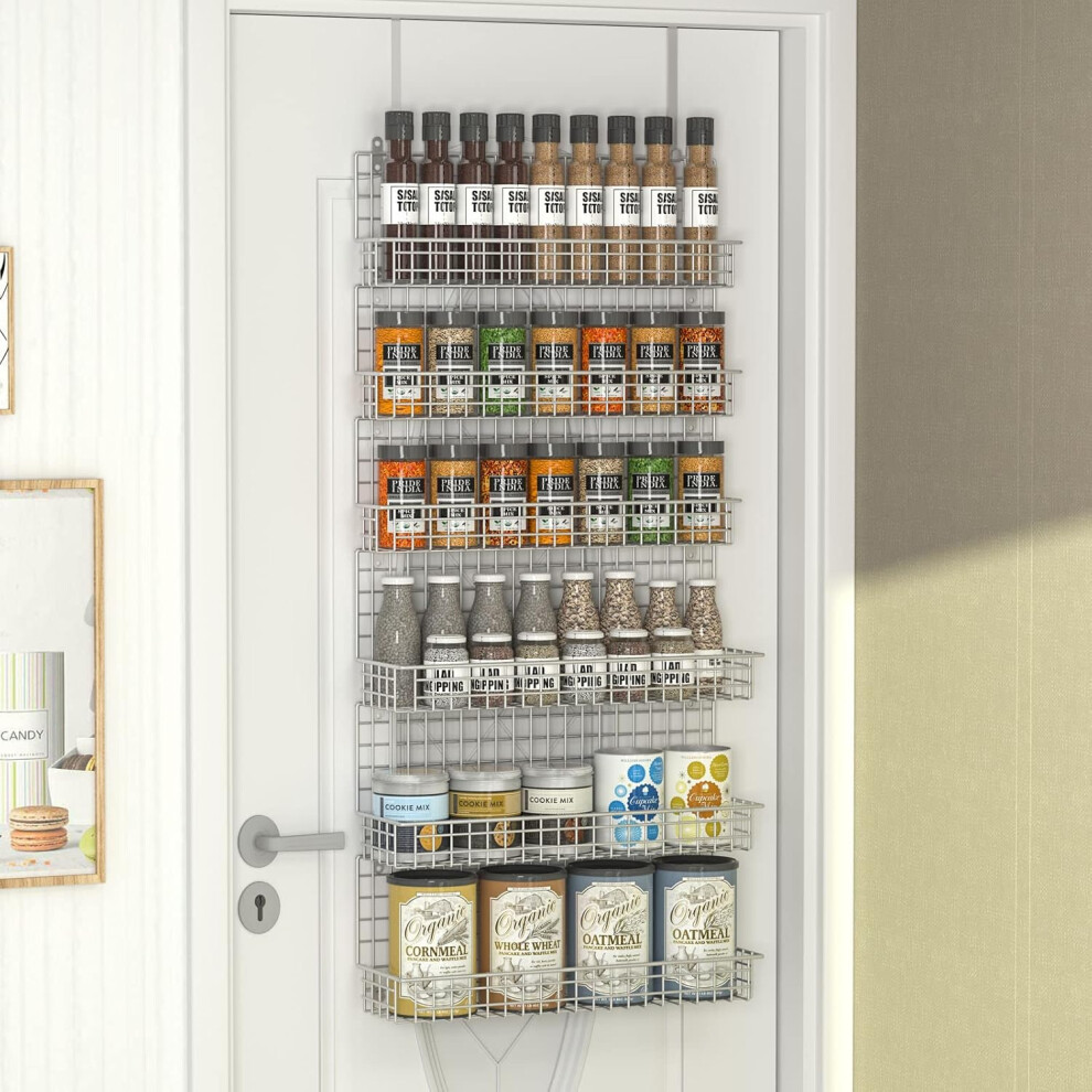 (Silver) Spice Rack Organizer 6-Tier Wall Mounted & Over the Door Spice Racks for Kitchen Pantry Bathroom,Two Size, Large Capacity, Silver
