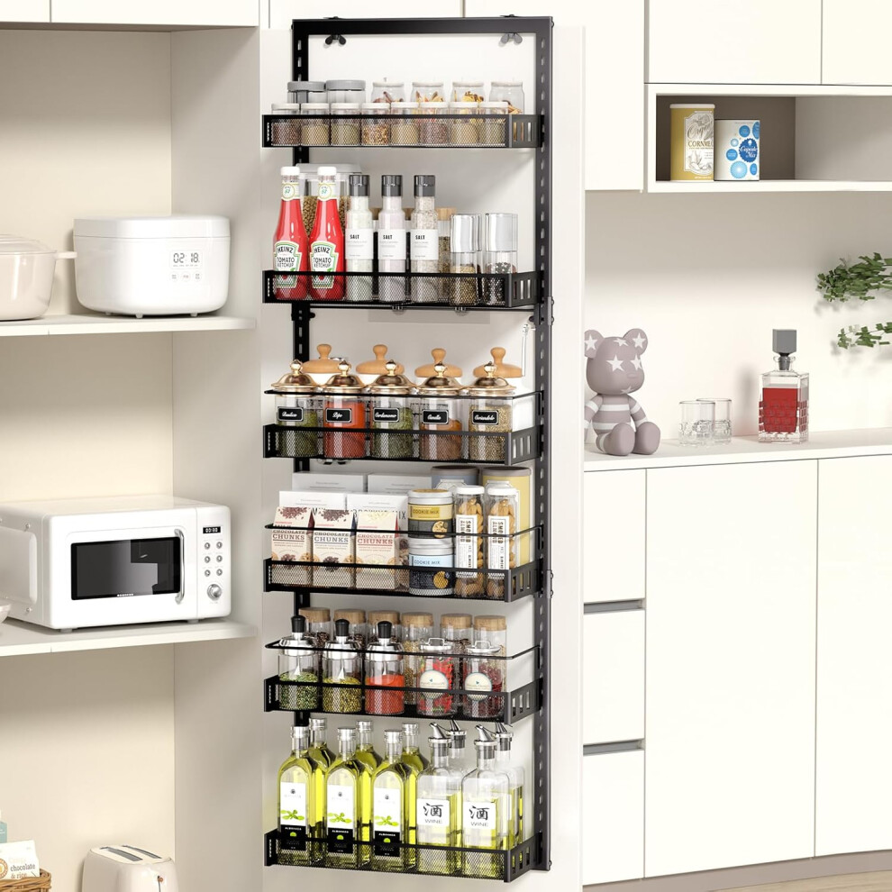 (Black) Door spice rack 6 layers adjustable door storage rack kitchen door storage rack with hooks