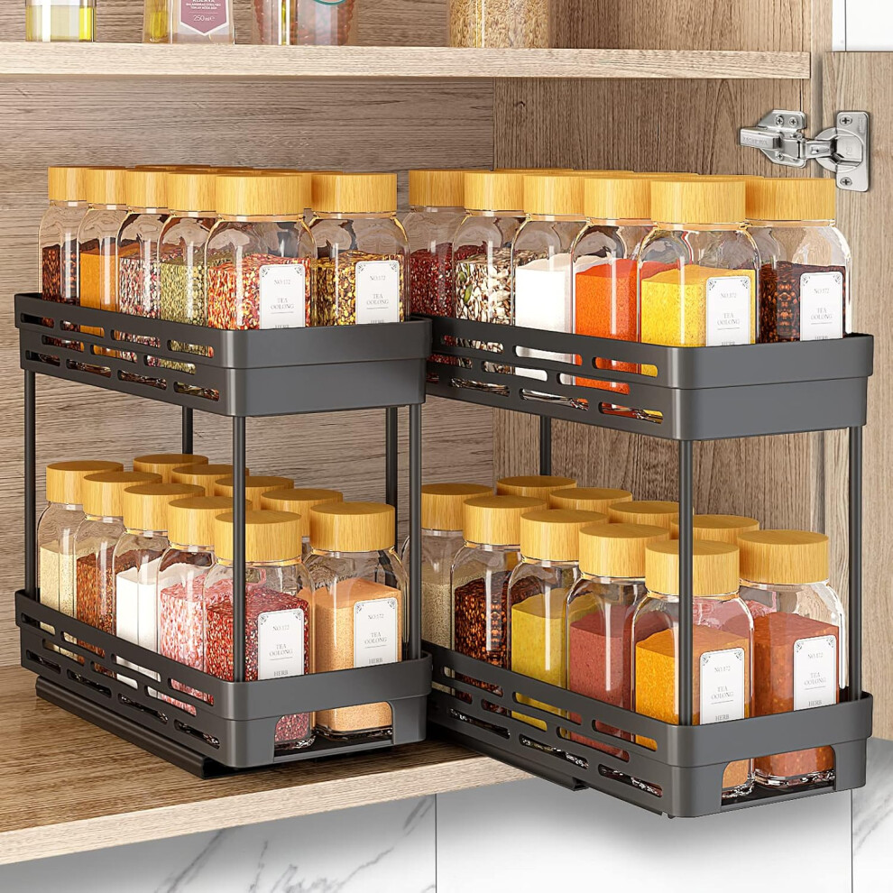 (2 Pack, Black) Set of 2 Pull Out Spice Rack Cabinet Sliding Spice Rack Organizer, Easy to Install Spice Cabinet Organizer