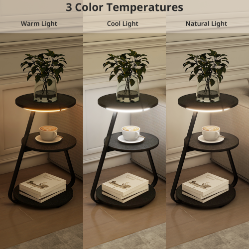 ELECWISH 3-Tier LED Lighted Side Table Storage Sofa Bedside End Table Black UK 2