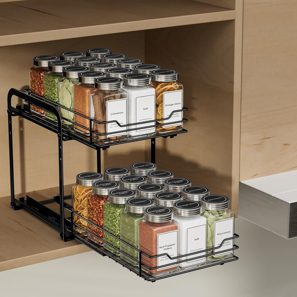 (L10.4*W7.4*H9.1inch-2 Tier, 2 Tier) Pull Out Spice Racks for Inside Cupboard, 2 Tier Spice Rack, Spice Rack for Cabinet Height Adjustable, Heavy Duty Slide Out Spice Racks Organizer