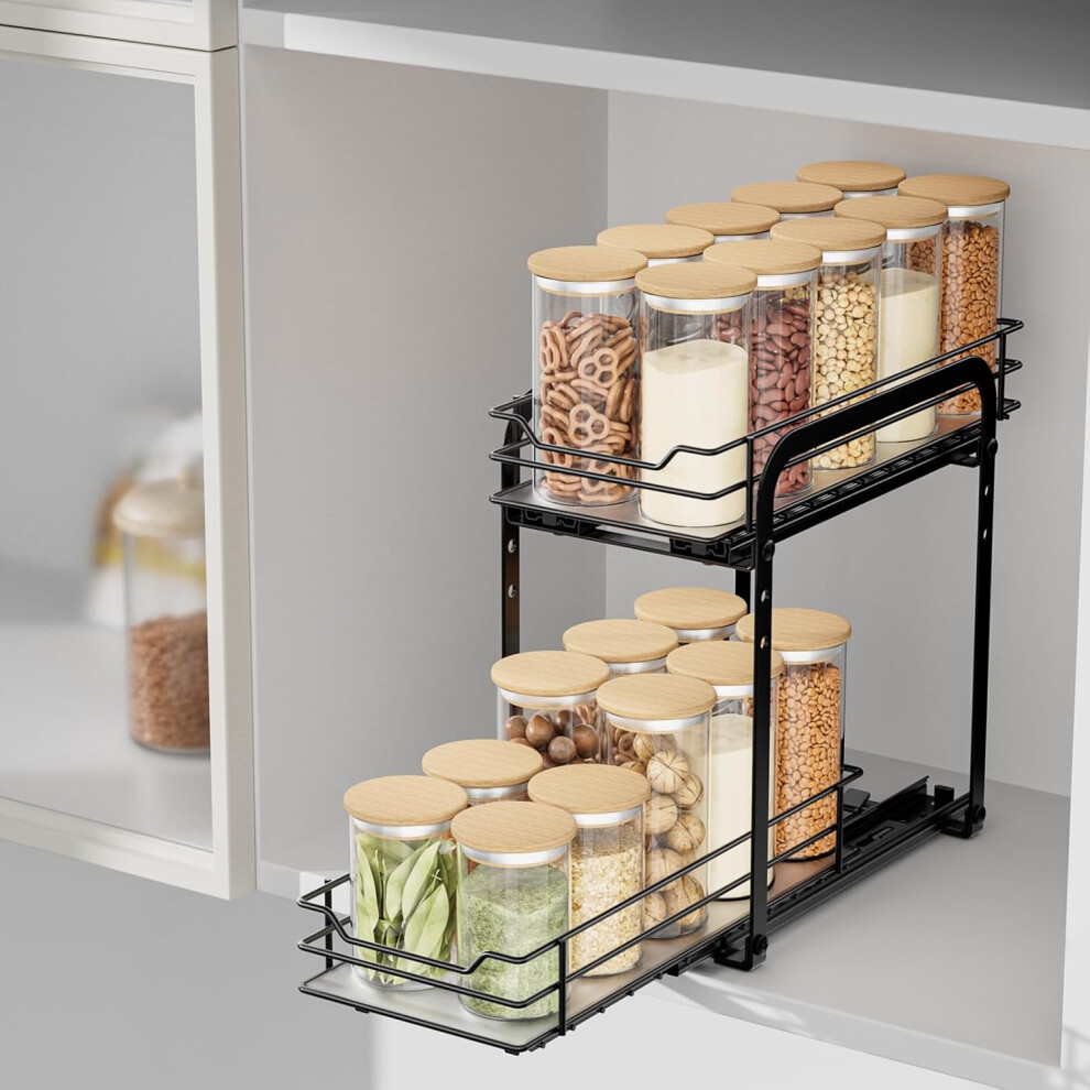 (L10.4*W5*H9inch-2 Tier, 2 Tier) Pull Out Cabinet Organizer Spice Rack Double Layer Spice Rack Height Adjustable, Interior Cabinet Spice Rack Heavy Duty Metal Spice Organizer