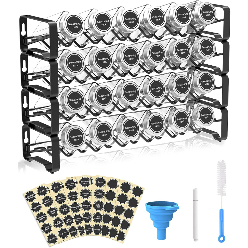 Spice Rack Organizer with 24 Empty Square Spice Jars Spice Labels with Chalk Marker and Funnel Complete Set for Countertop,Cabinet or Wall Mount