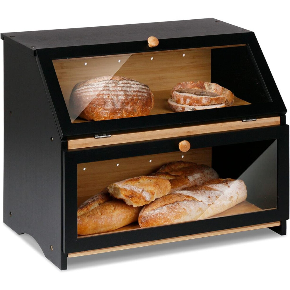 (Black(39x25x32cm/15.3"x9.8"x12.6")) Accessories Double Decker Bamboo Bread Bin 2-Layer Bread Box Large Capacity Bread Storage for Kitchen 15.3"x9.8"x12.6" Black