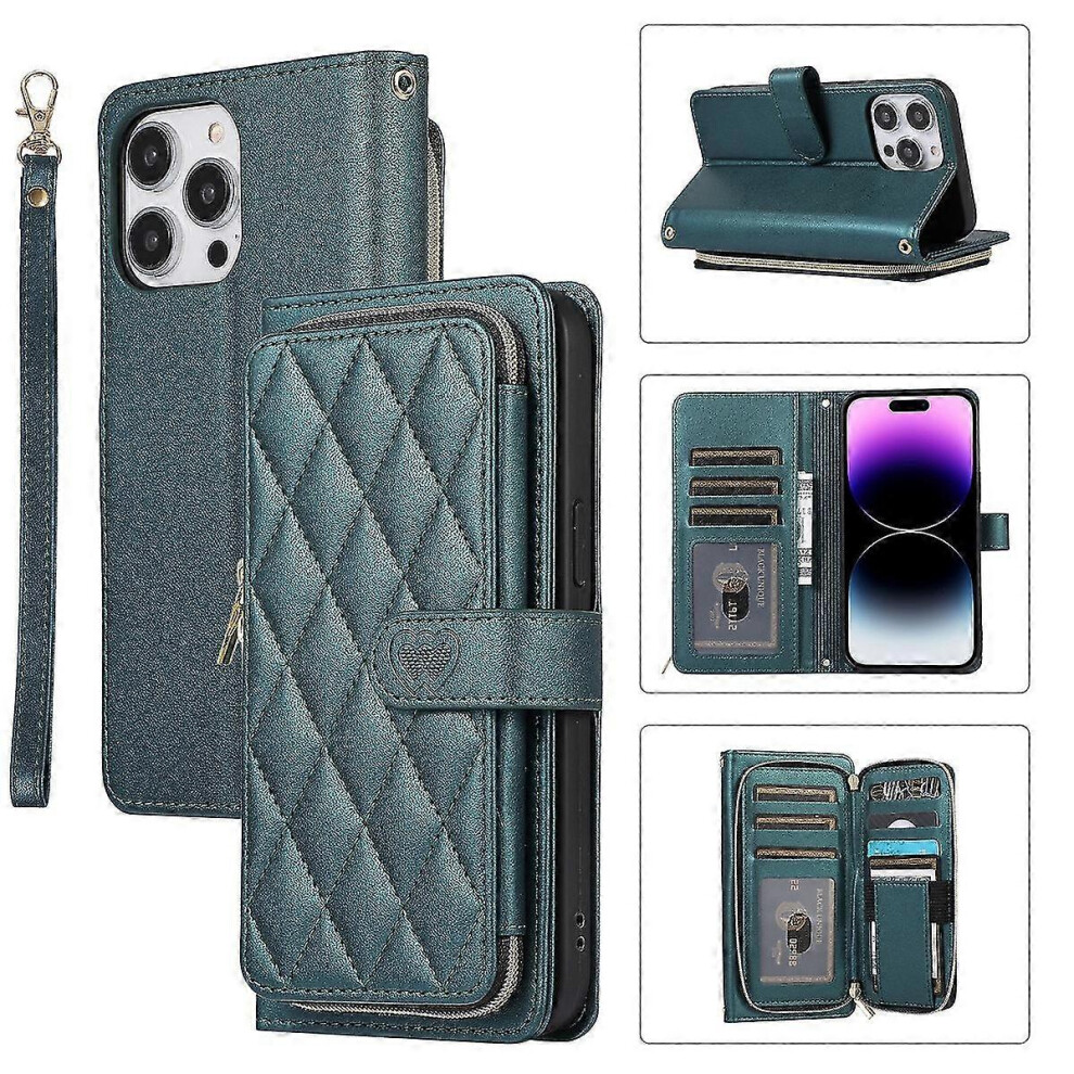 (Green) Crossbody Zipper Wallet Case Compatible With Iphone 15 Pro Max, Pu Leather Shockproof Cover With Card Holder & Lanyard Green 5778930885893
