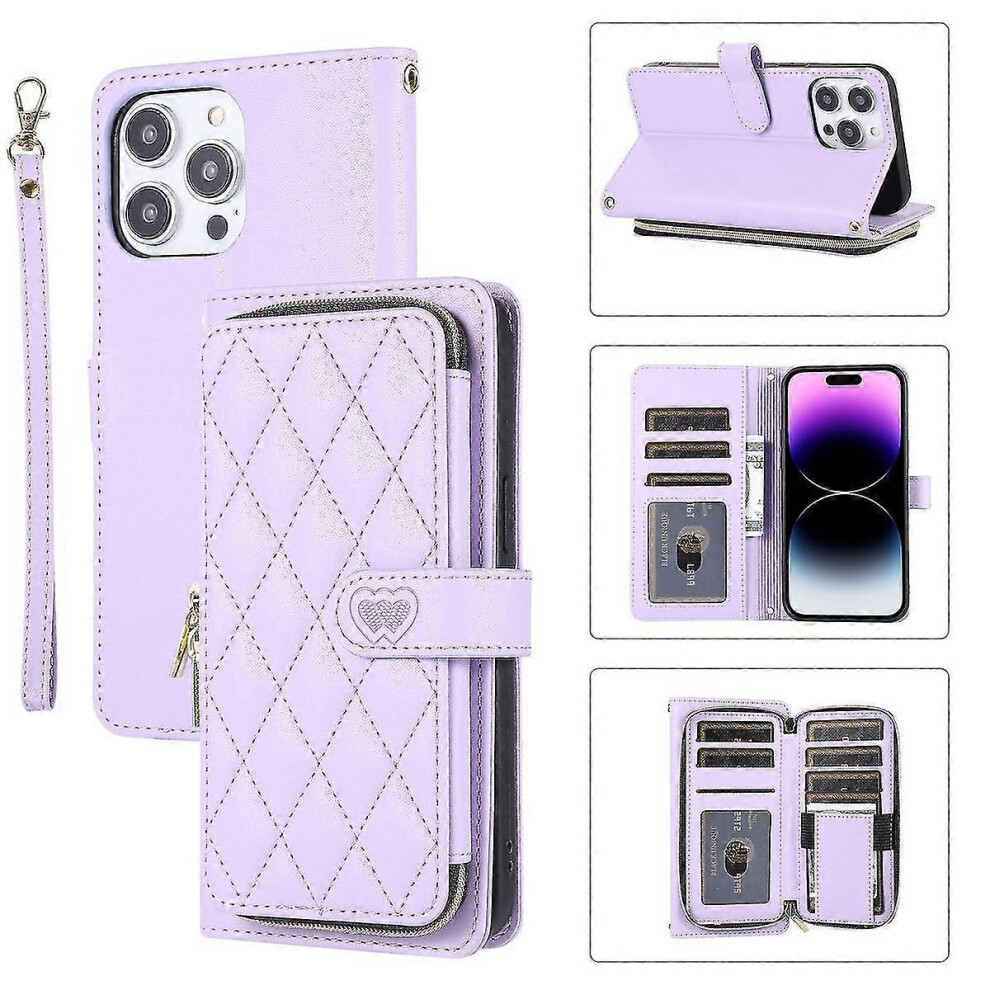 (Purple) Crossbody Zipper Wallet Case Compatible With Iphone 15 Pro Max, Pu Leather Shockproof Cover With Card Holder & Lanyard Purple 5778930885909