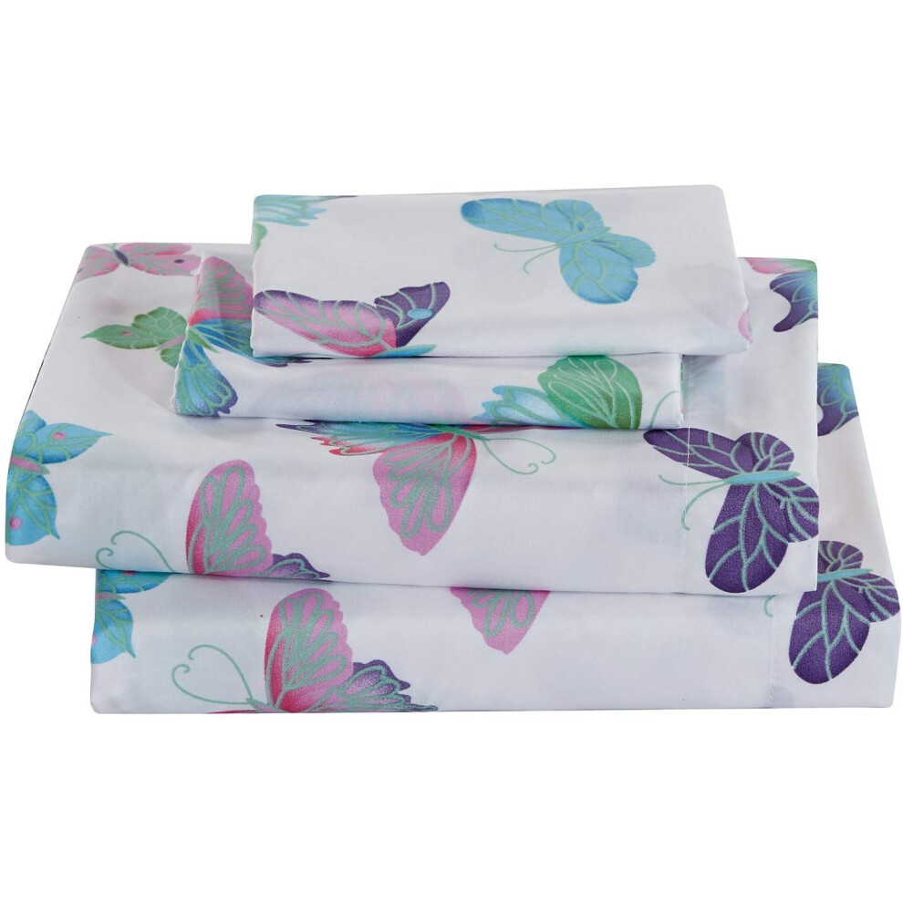 Parure de lit 4 pi   ces imprim   e papillons violet turquoise blanc rose vert avec taies d'oreiller pour filles/enfants/tout-petits (papillon comple