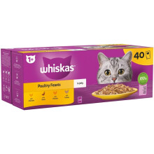 WHISKAS - 1+ Adult Wet Cat Food Pouches - 40 x 85 g - Poultry Selection - Bulk Cat Food Megapack - 40 Jelly Pouches