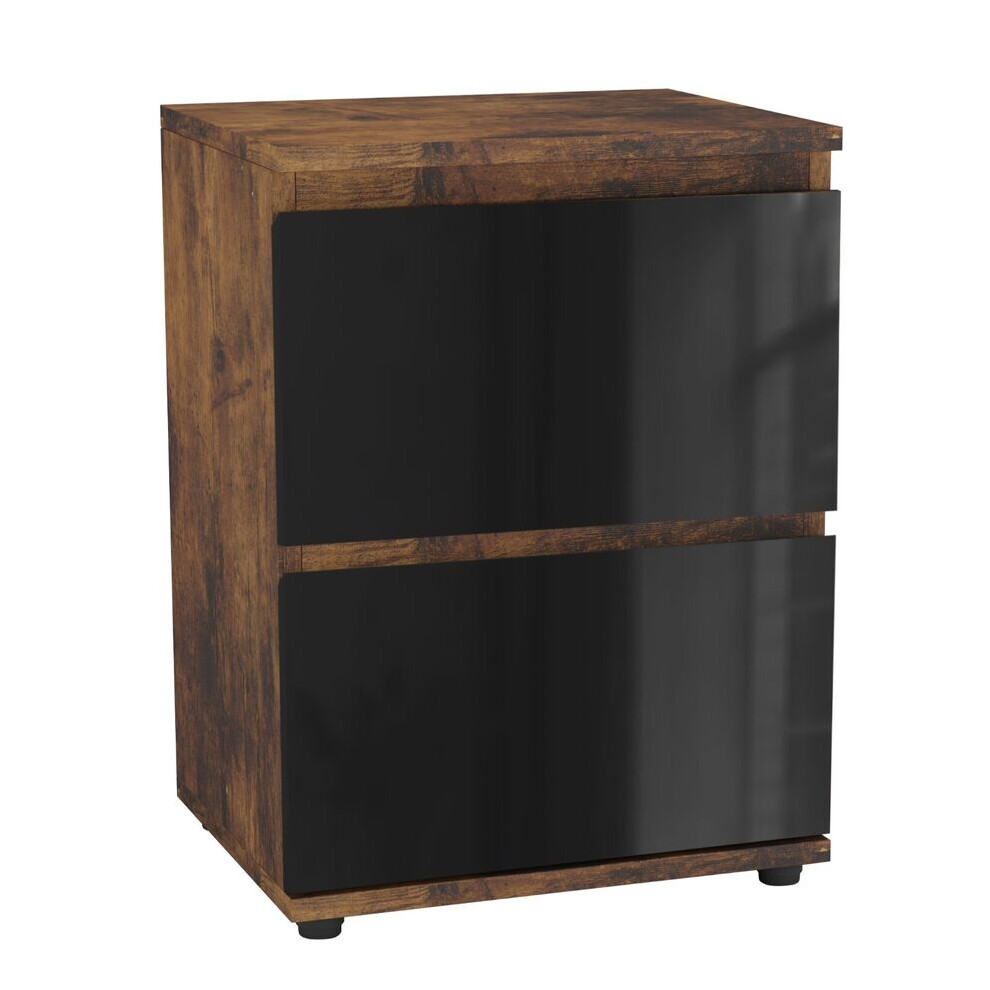 (Rustic Brown & Black ) High Gloss 2 Drawer Skagen Wooden Bedside Cabinet No Handle Drawer Storage