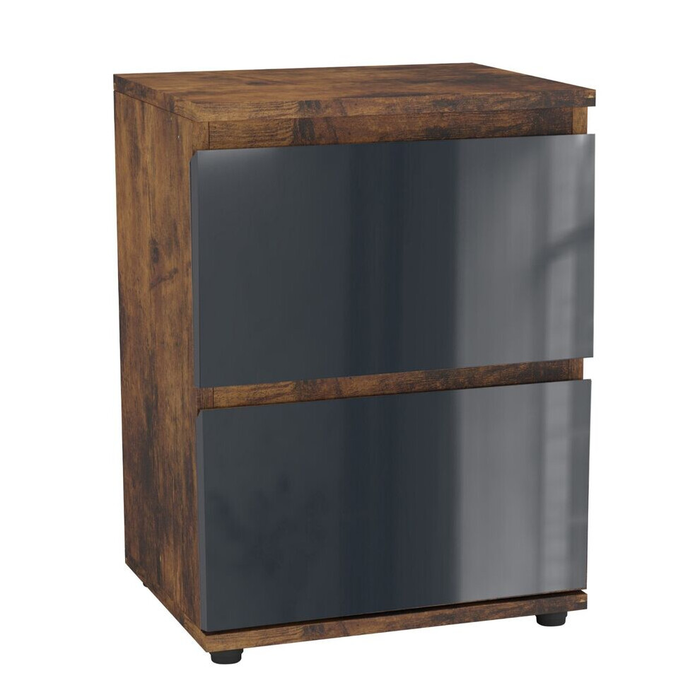 Urbn Living (Rustic Brown & Grey) High Gloss 2 Drawer Skagen Wooden Bedside Cabinet No Handle Drawer Storage