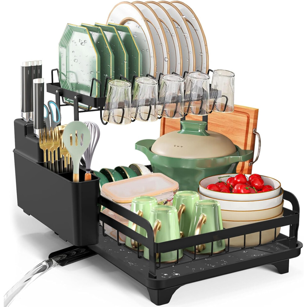 (Black) Double-layer folding stainless steel large bowl rack with drip tray Adjustable cutlery and cutting board rack